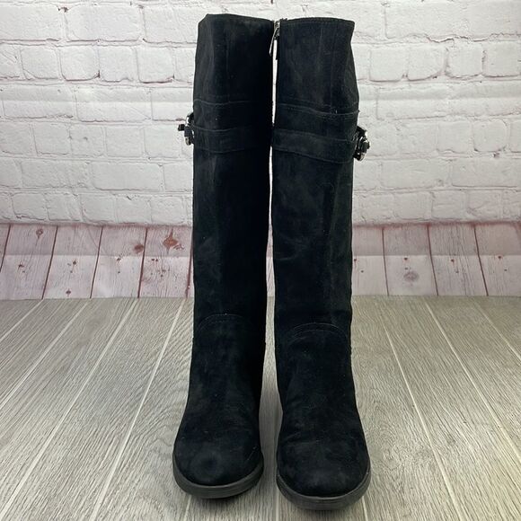 Marc Fisher. Black Suede Tall Boots w/ buckle strap detail.  Women's size 5 - Picture 3 of 9